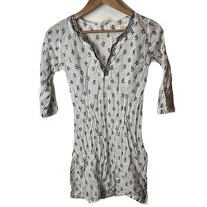 Yala Organic Cotton Floral Long Sleeve Peasant Dress V-neck Size Small White